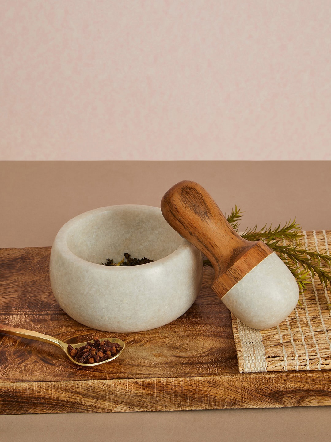 

Fabindia White & Brown Rasoi Marble & Wood Mortar Pestle Set