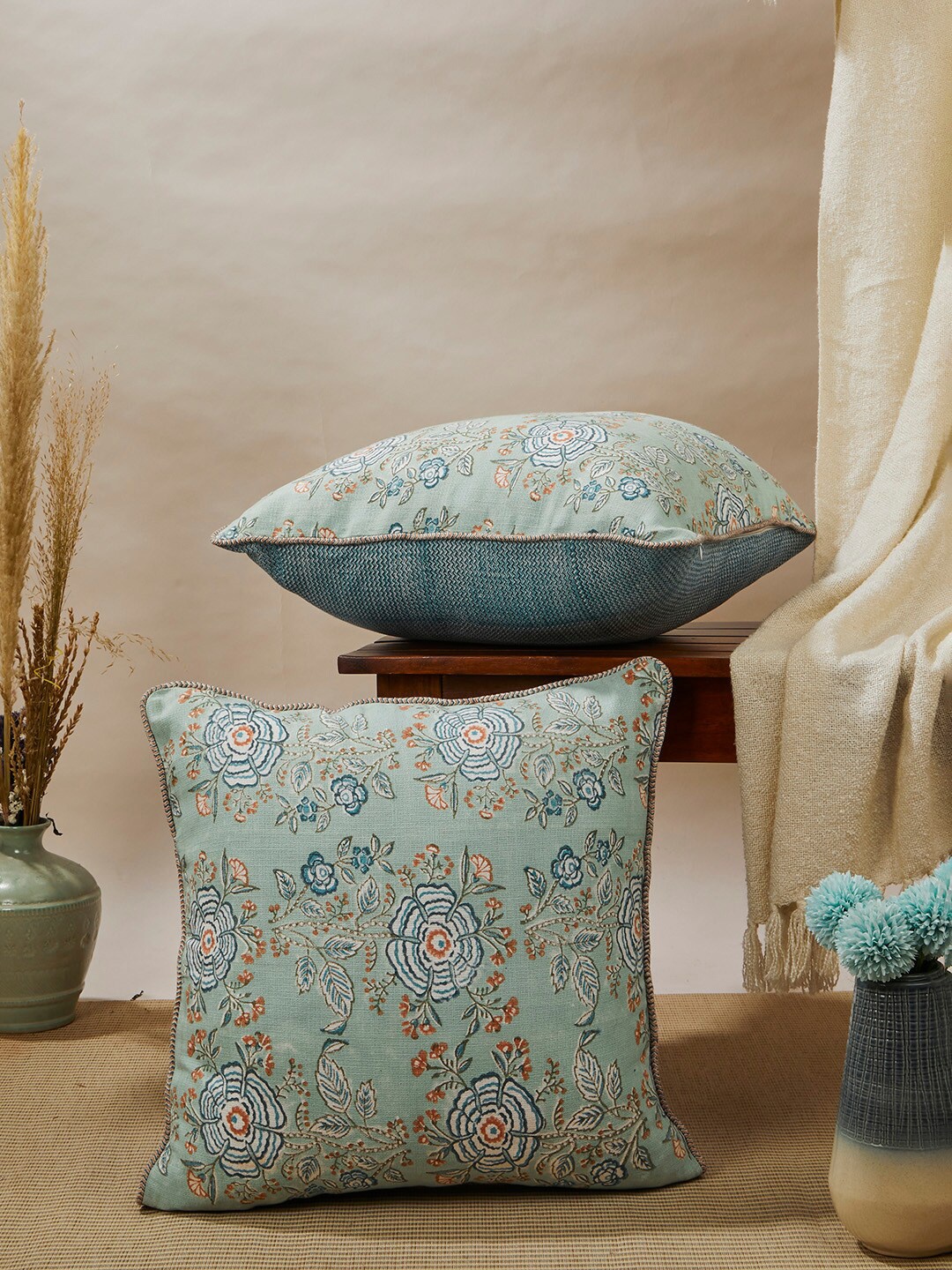 

Fabindia Teal Floral Printed Cotton Square Cushion Covers