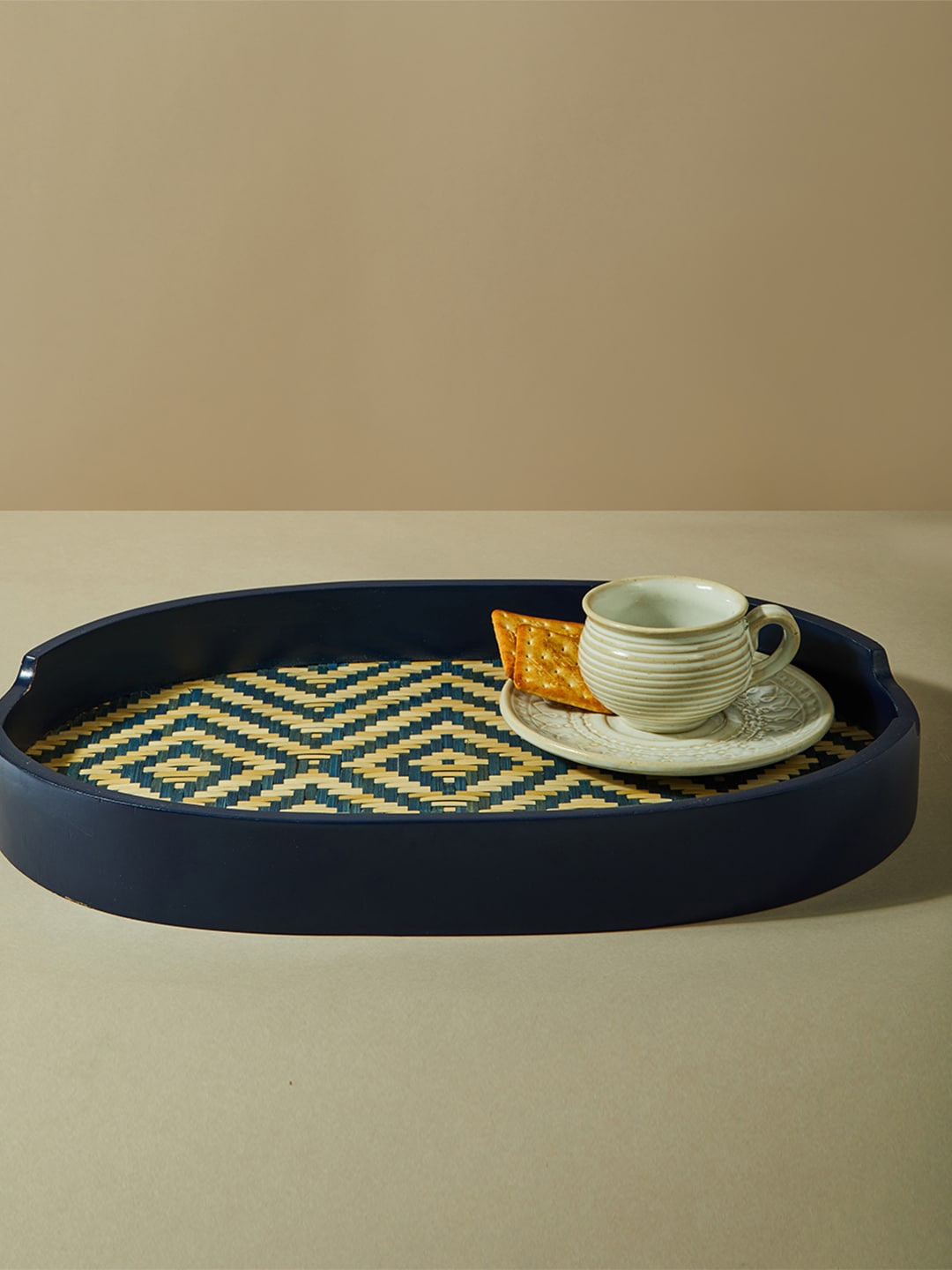 

Fabindia Blue Printed Oval Cane Serving Tray