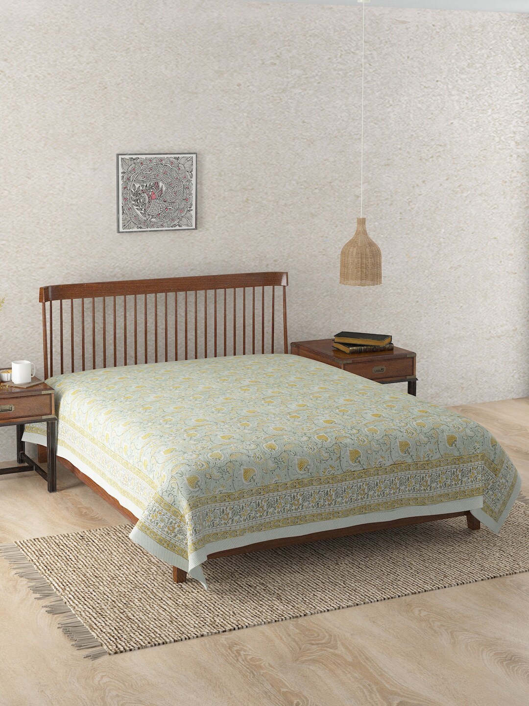 

Fabindia Green Ihania Block Printed Cotton Queen Bed Cover