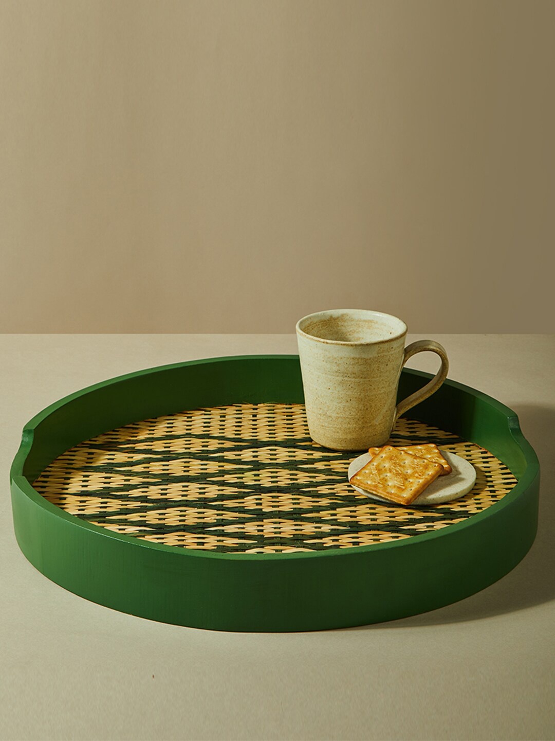 

Fabindia Green Textured Round Cane Tray