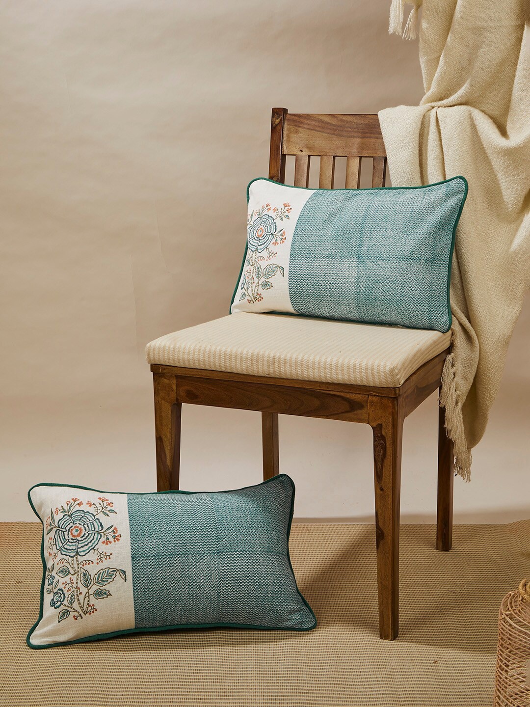 

Fabindia Teal & Off White Colourblocked Square Cushion Covers