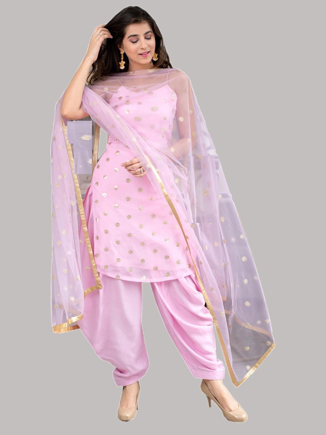 

Fashionuma Pink & Gold-Toned Silk Georgette Semi-Stitched Dress Material