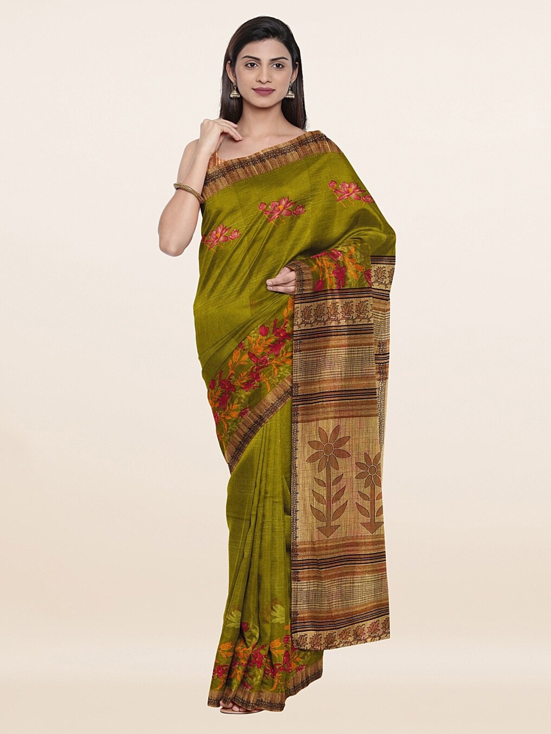 

Pothys Green & Brown Floral Printed Pure Cotton Saree