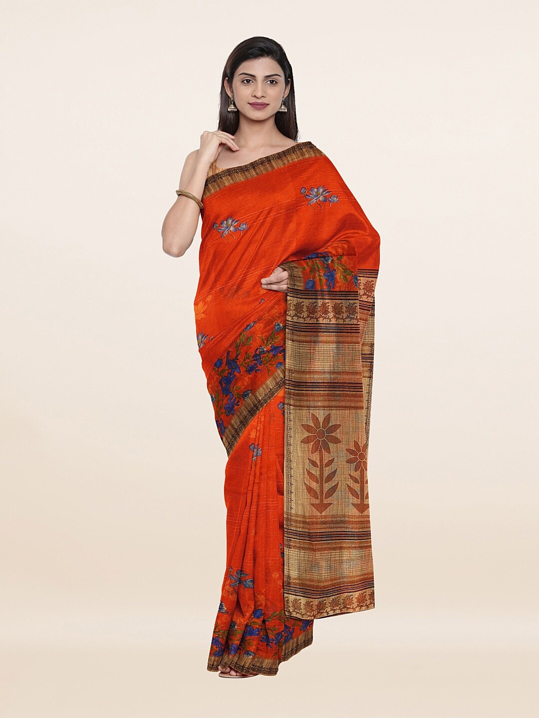 

Pothys Orange & Blue Floral Printed Pure Cotton Saree
