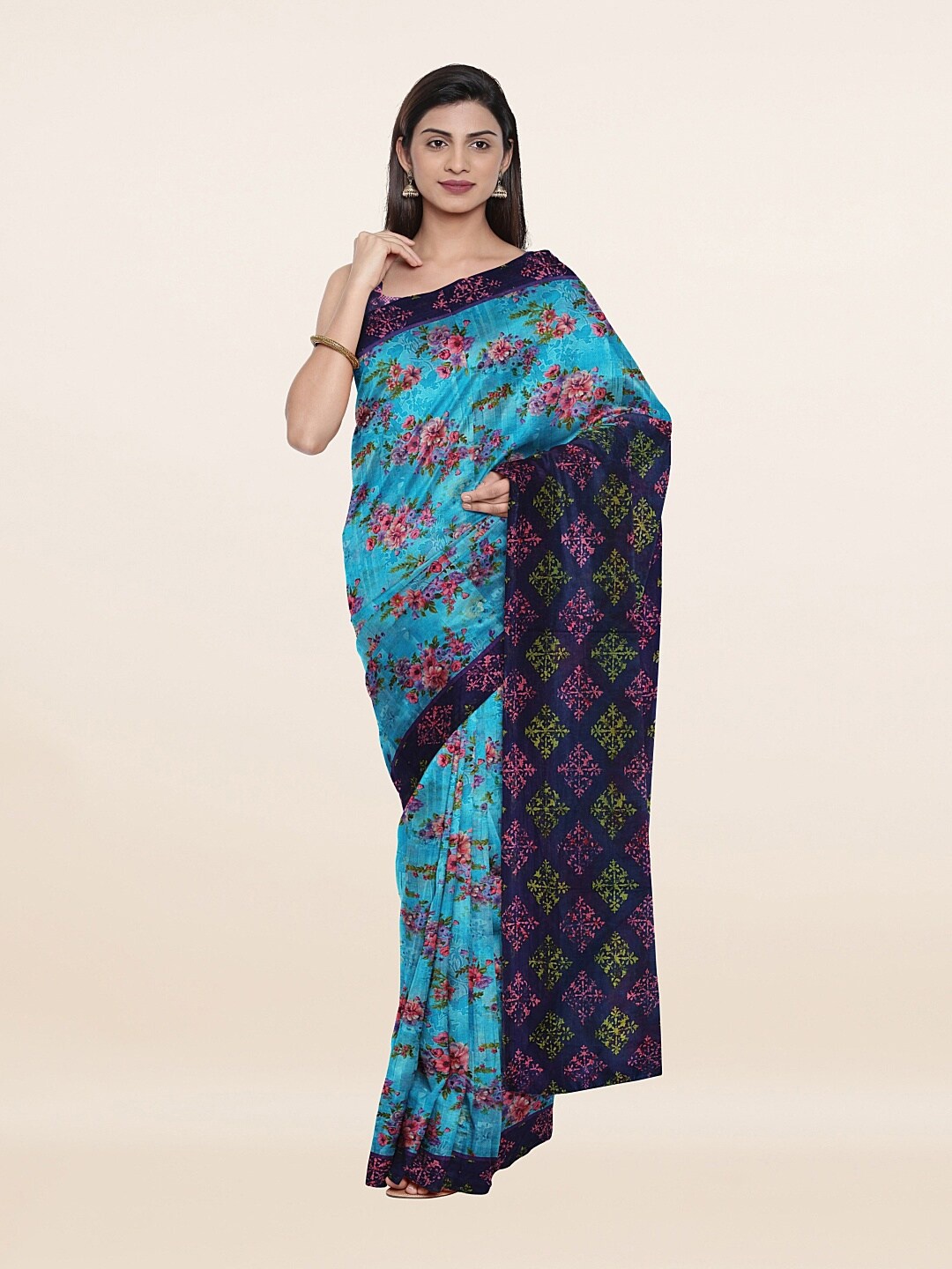 

Pothys Blue & Pink Floral Pure Cotton Saree