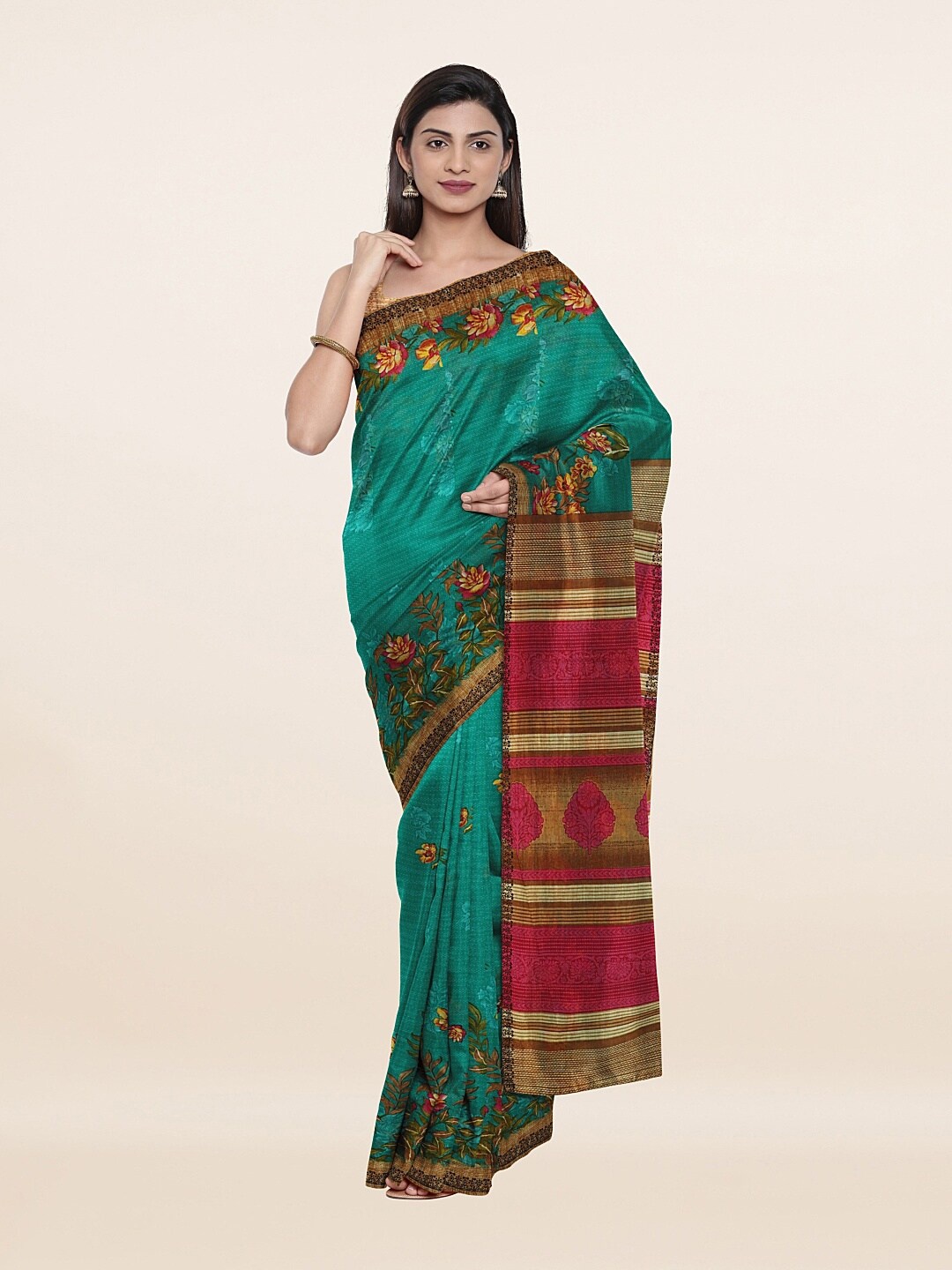 

Pothys Green & Red Floral Pure Cotton Saree