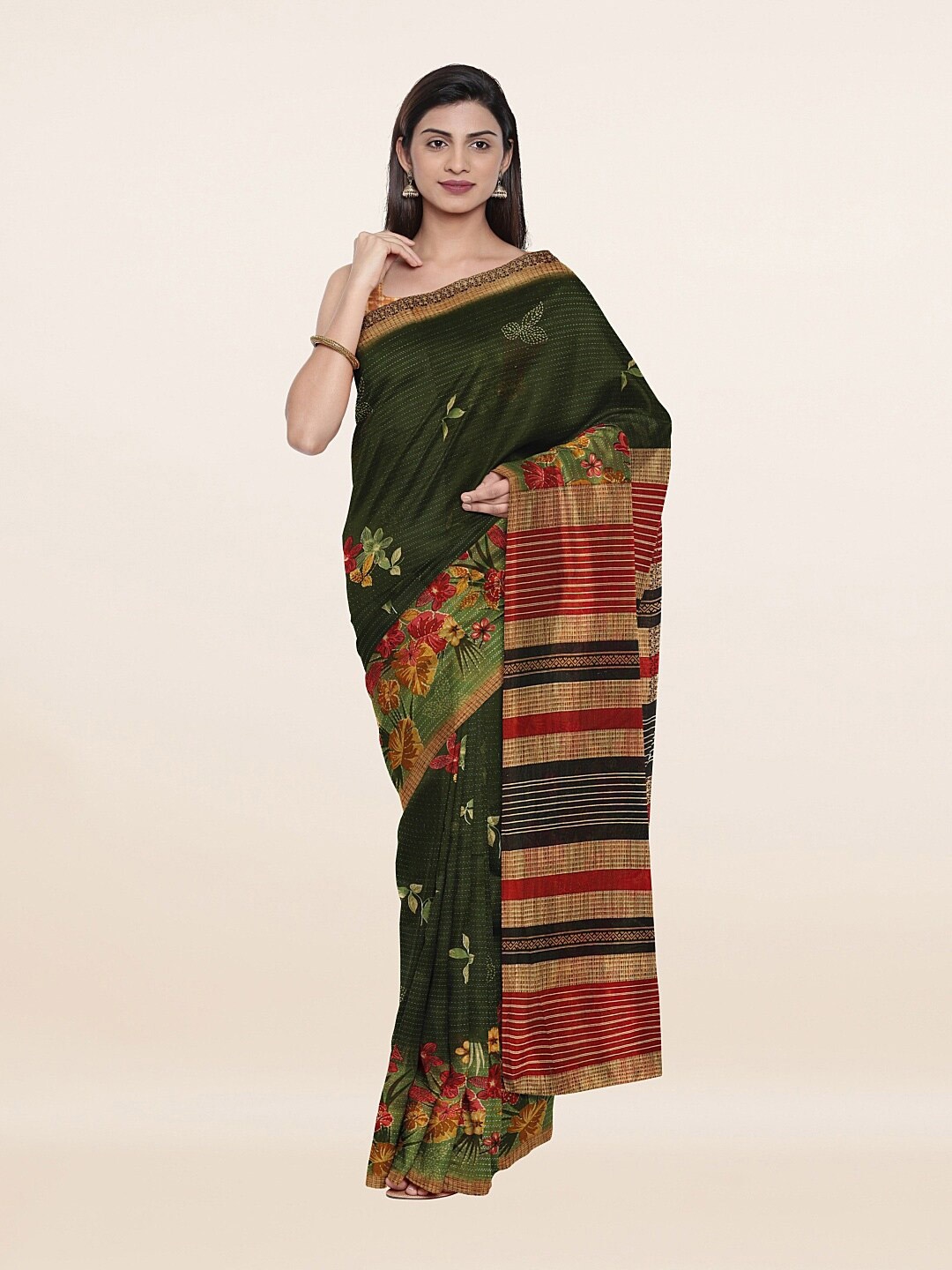 

Pothys Green & Red Floral Pure Cotton Saree