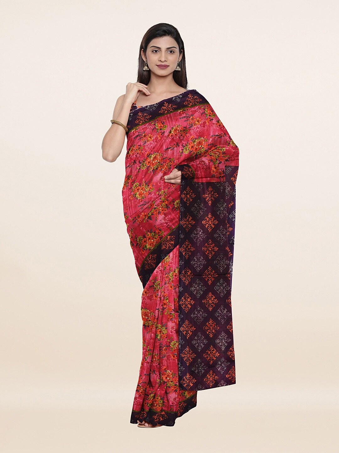 

Pothys Pink & Green Floral Pure Cotton Saree