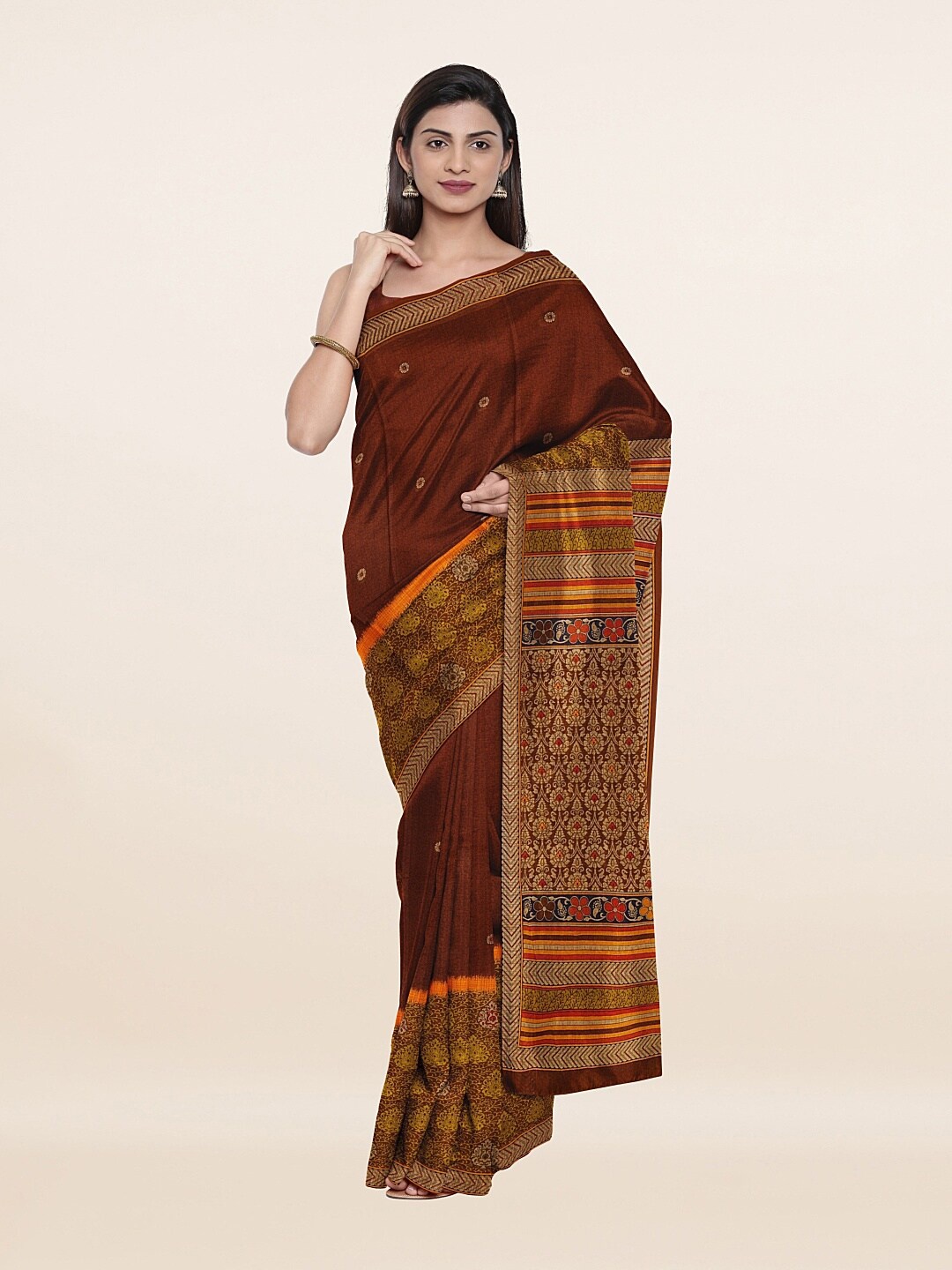 

Pothys Brown & Green Ethnic Motifs Pure Cotton Saree