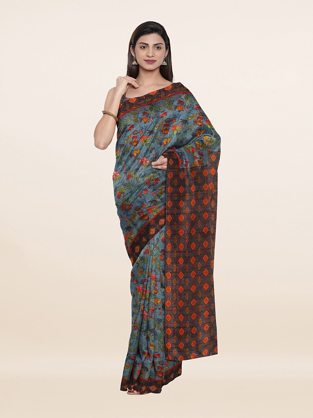 

Pothys Grey & Orange Floral Pure Cotton Saree