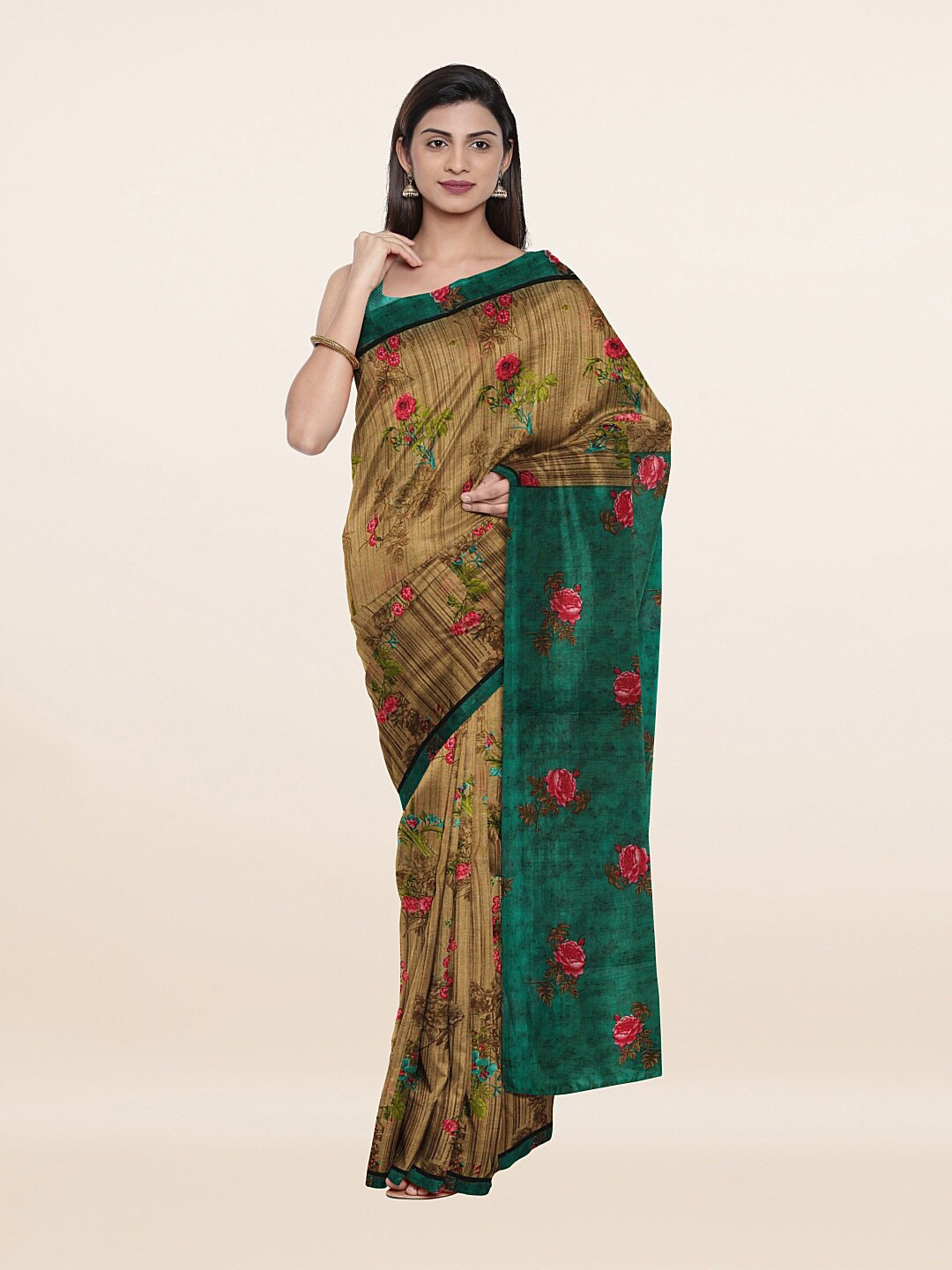 

Pothys Tan & Pink Floral Printed Pure Cotton Saree