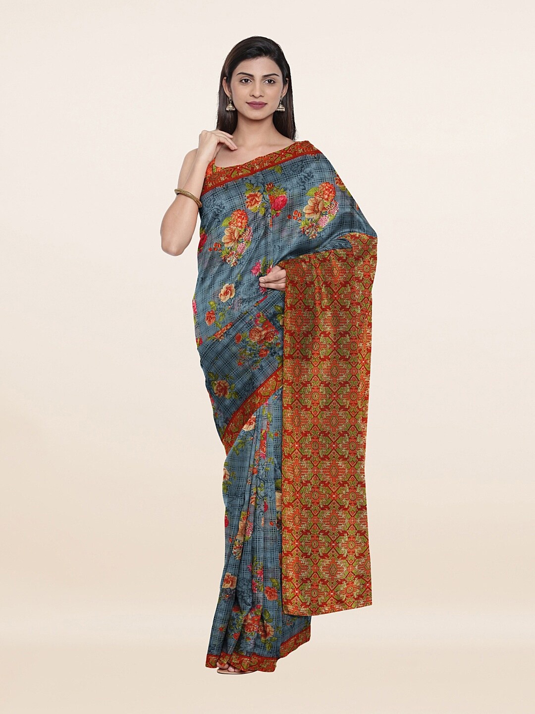 

Pothys Grey & Red Floral Printed Pure Cotton Saree