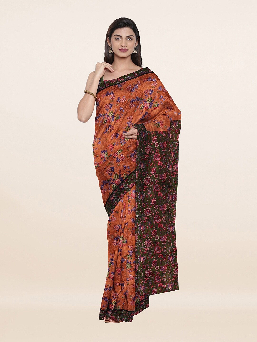 

Pothys Orange & Green Floral Printed Pure Cotton Saree