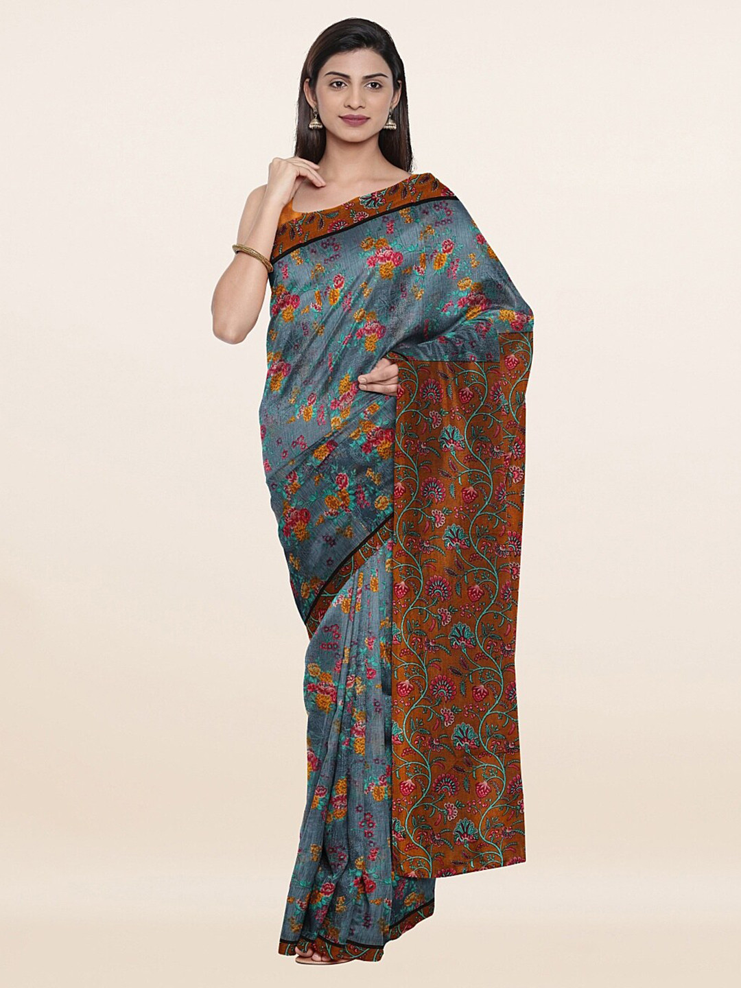 

Pothys Grey & Mustard Floral Embroidered Pure Cotton Saree
