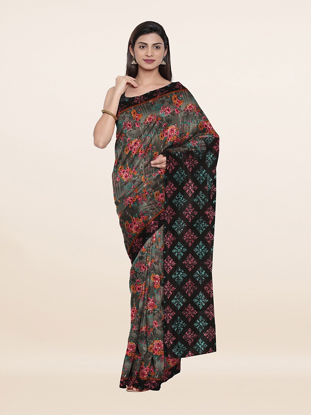 

Pothys Grey & Green Floral Zari Pure Cotton Saree