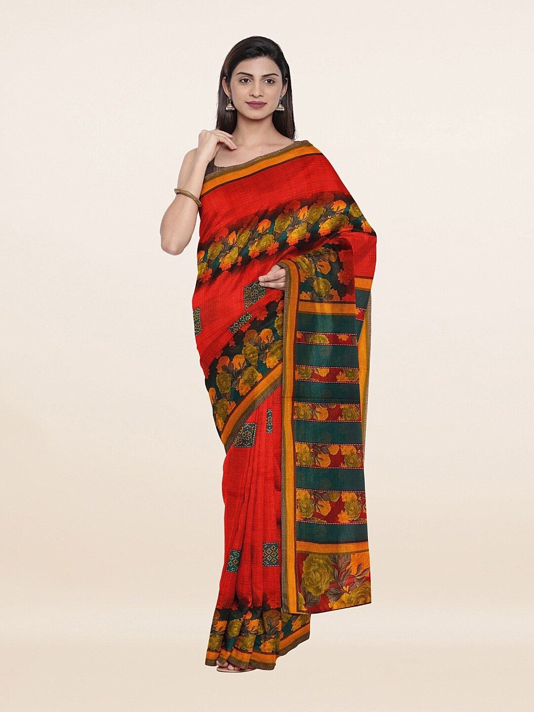 

Pothys Red & Green Floral Pure Cotton Saree