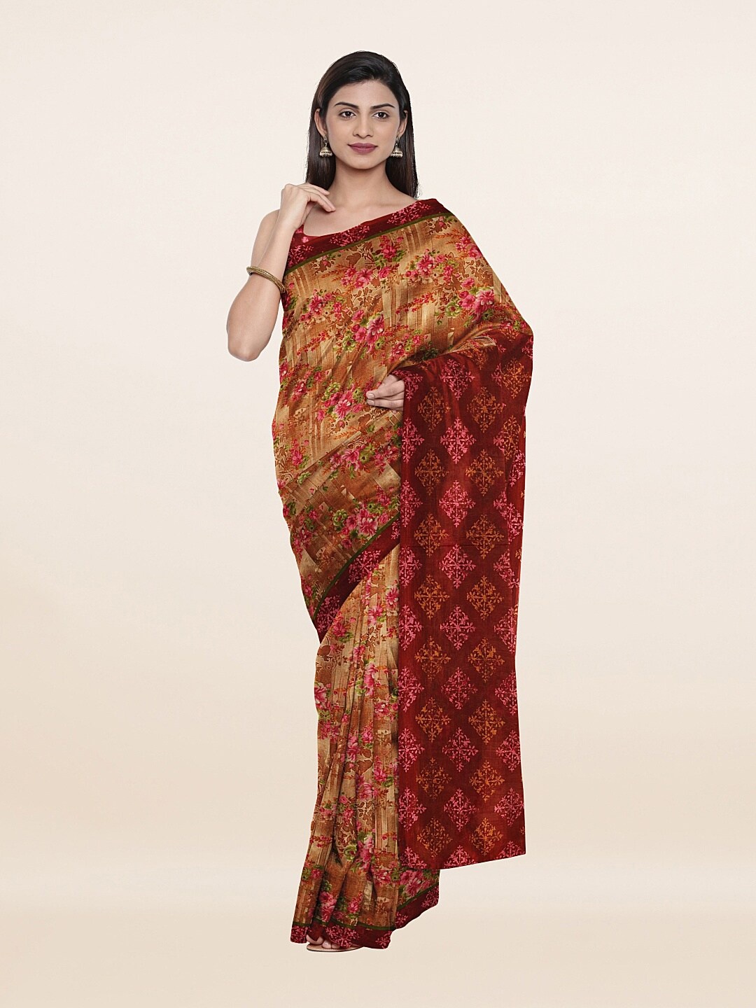 

Pothys Tan & Pink Floral Pure Cotton Saree