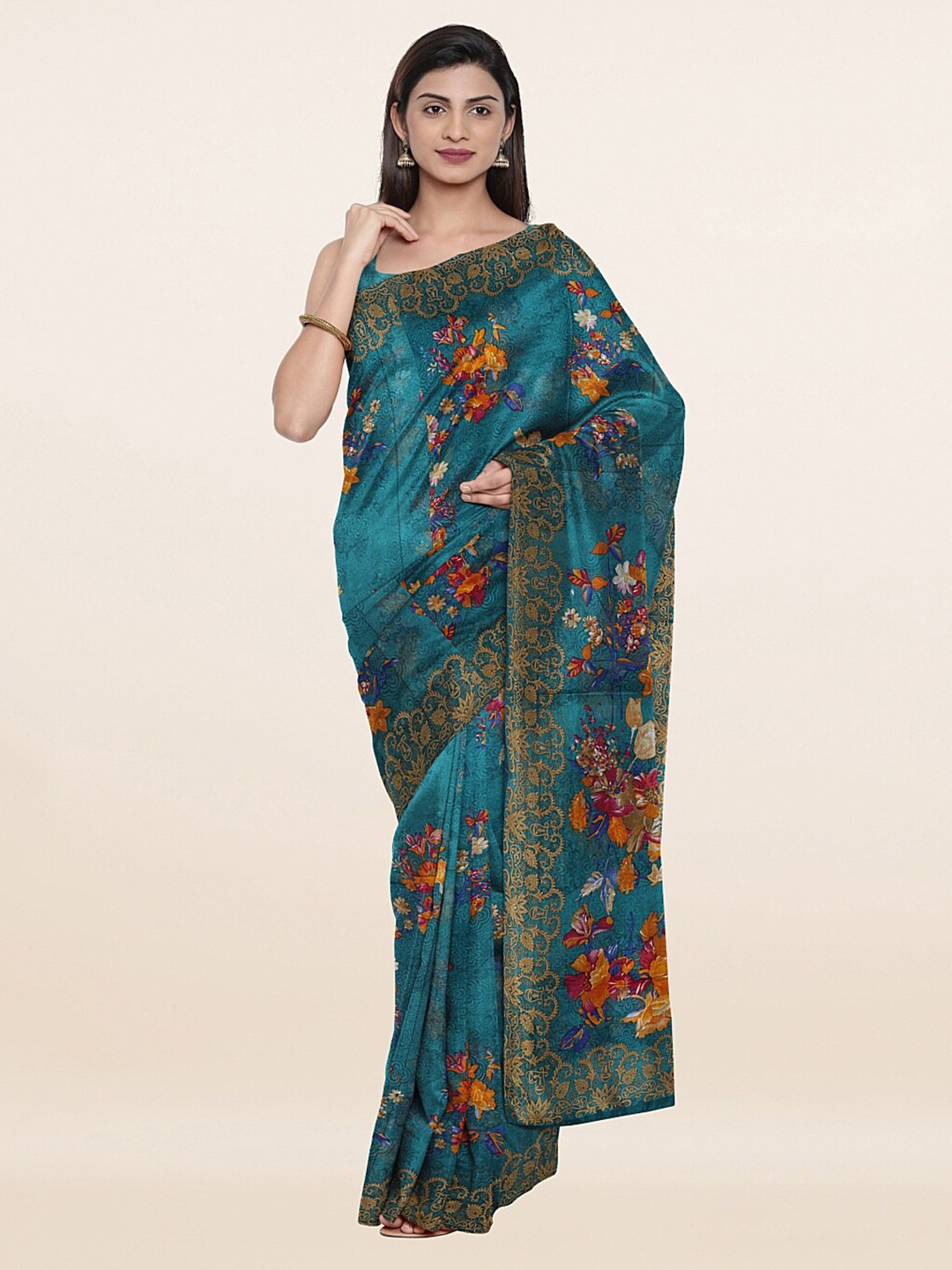 

Pothys Teal & Red Floral Pure Cotton Saree