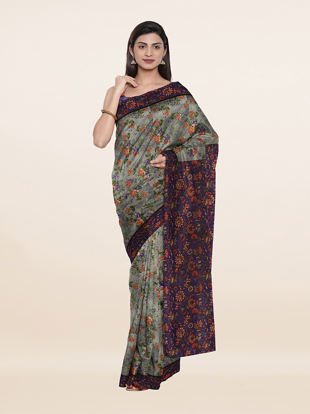 

Pothys Grey & Orange Floral Pure Cotton Saree
