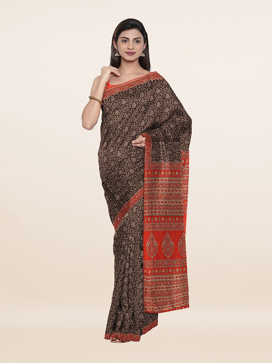 

Pothys Grey & Orange Ethnic Motifs Pure Cotton Saree