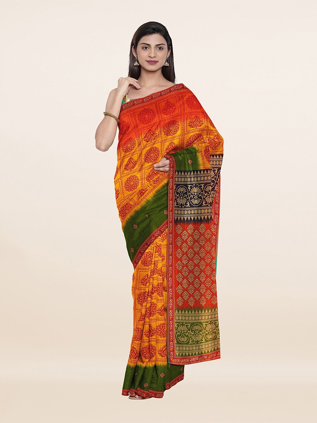 

Pothys Yellow & Green Ethnic Motifs Printed Pure Cotton Saree