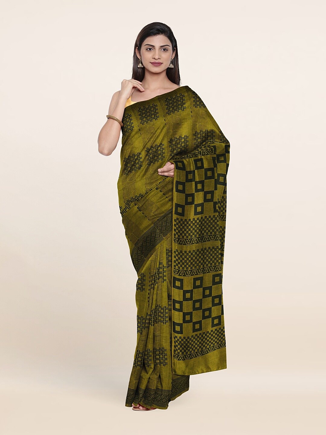 

Pothys Green & Black Printed Zari Pure Cotton Saree