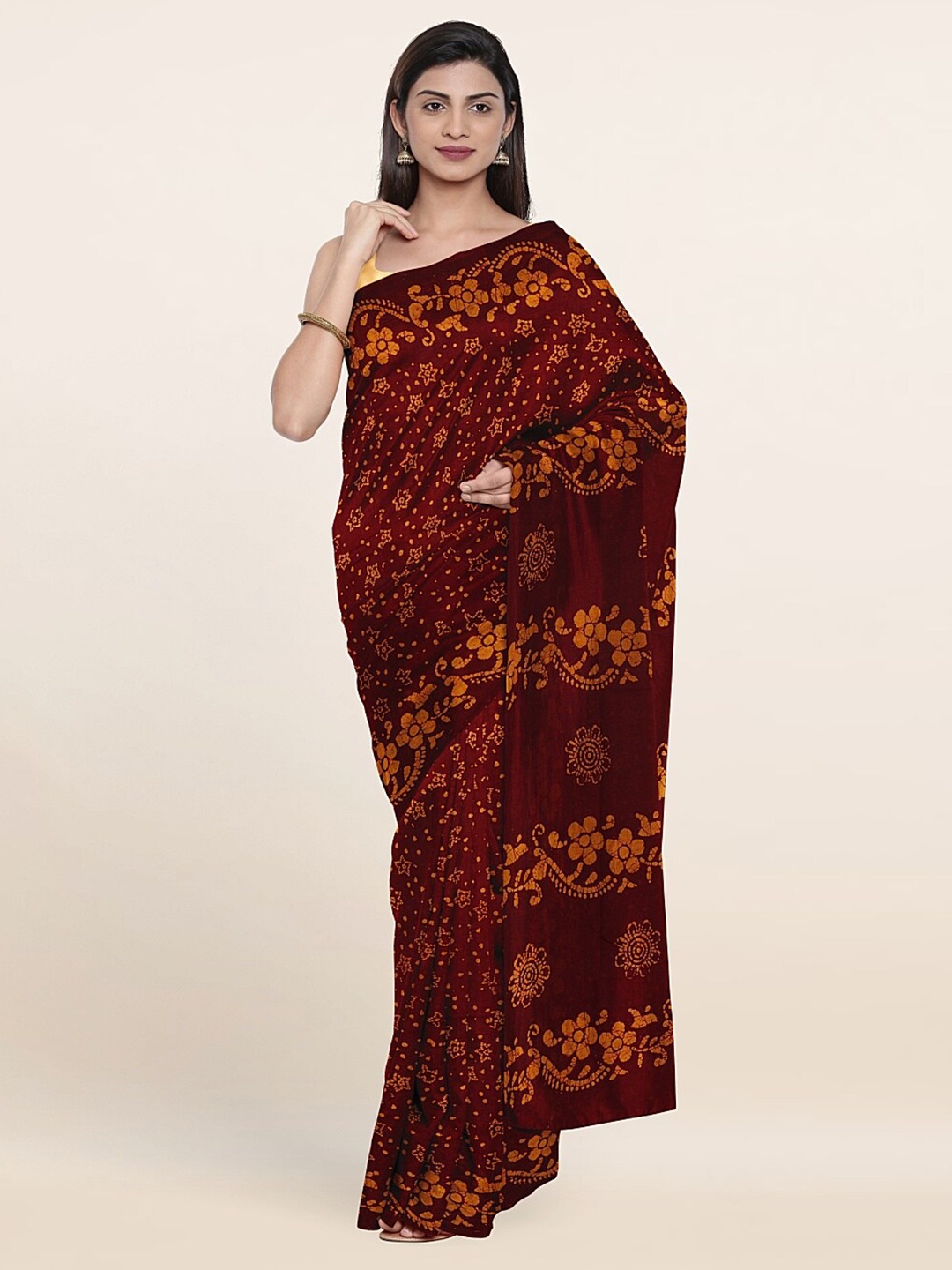 

Pothys Maroon & Orange Ethnic Motifs Pure Cotton Saree