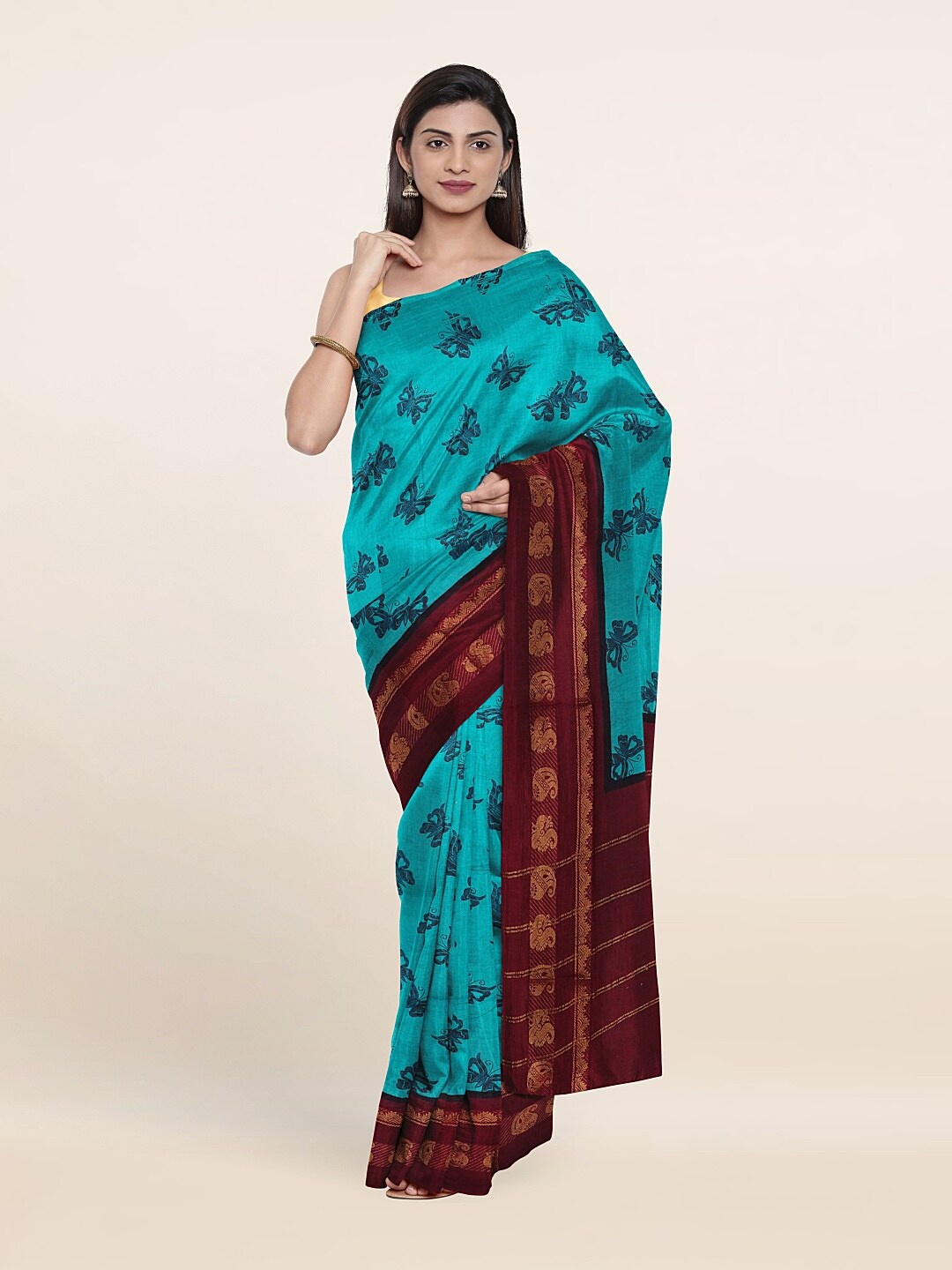 

Pothys Sea Green & Maroon Butterfly Printed Pure Cotton Saree