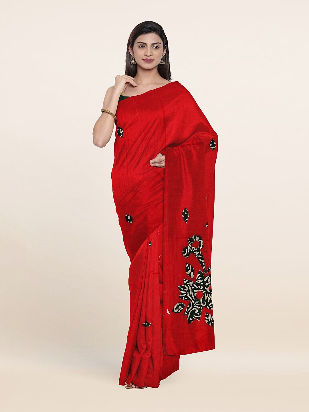 

Pothys Red & Black Applique Work Pure Cotton Saree