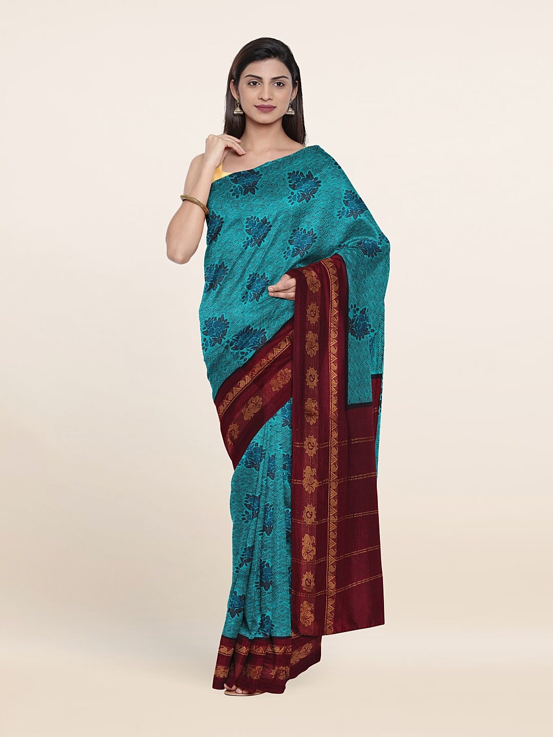 

Pothys Green & Brown Floral Printed Pure Cotton Saree