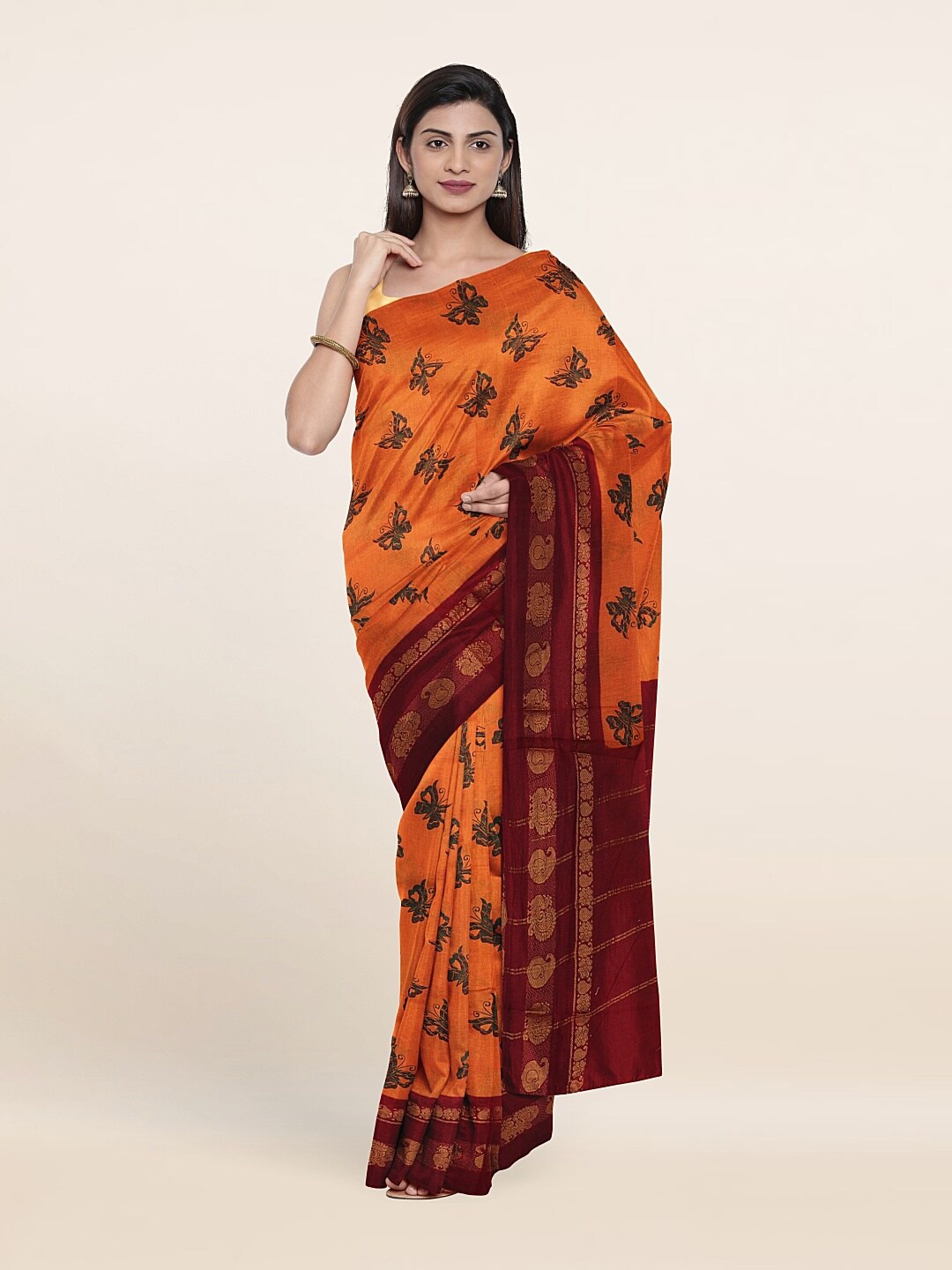 

Pothys Orange & Maroon Butterfly Printed Pure Cotton Saree
