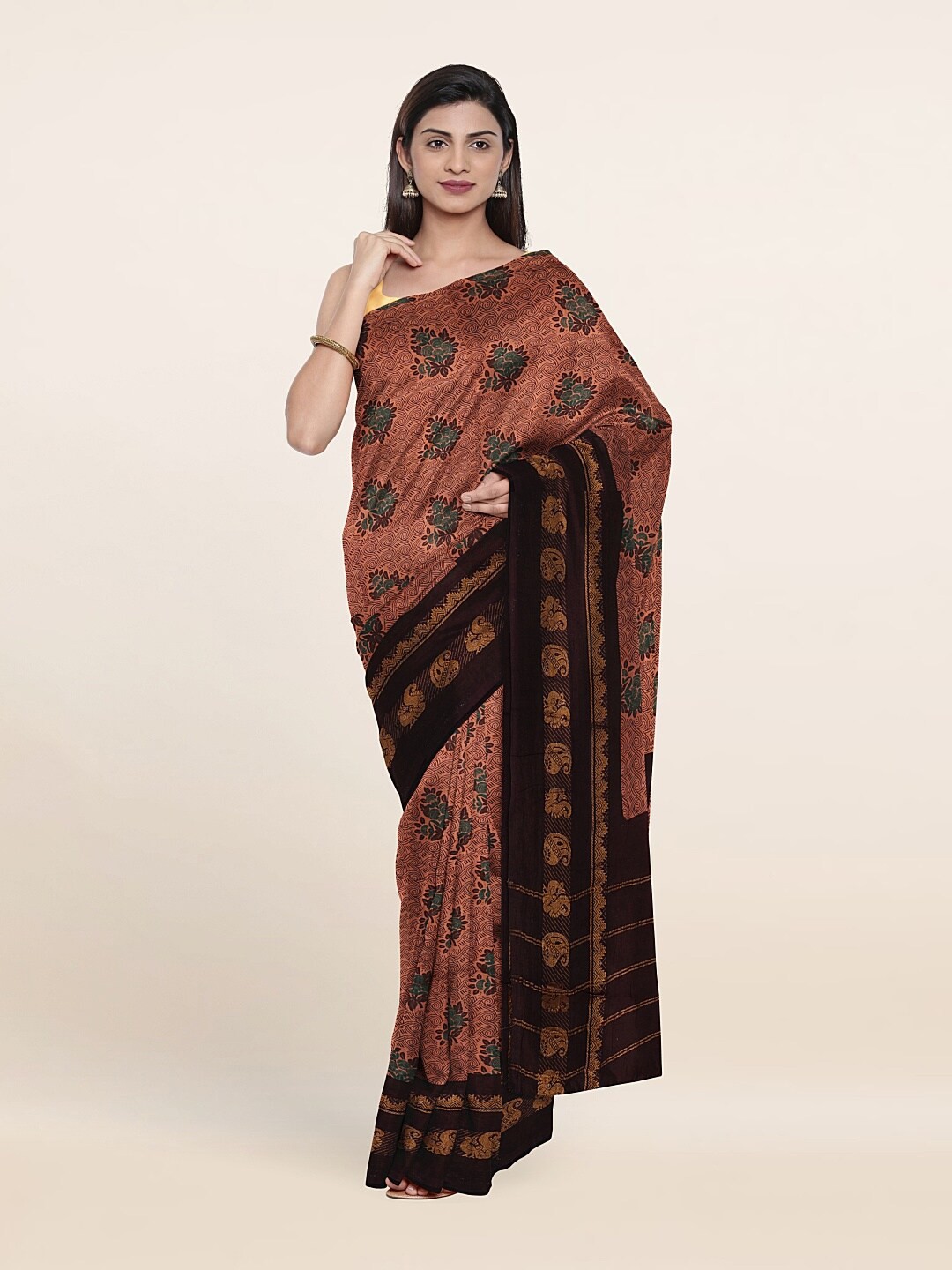 

Pothys Brown & Green Floral Printed Pure Cotton Saree