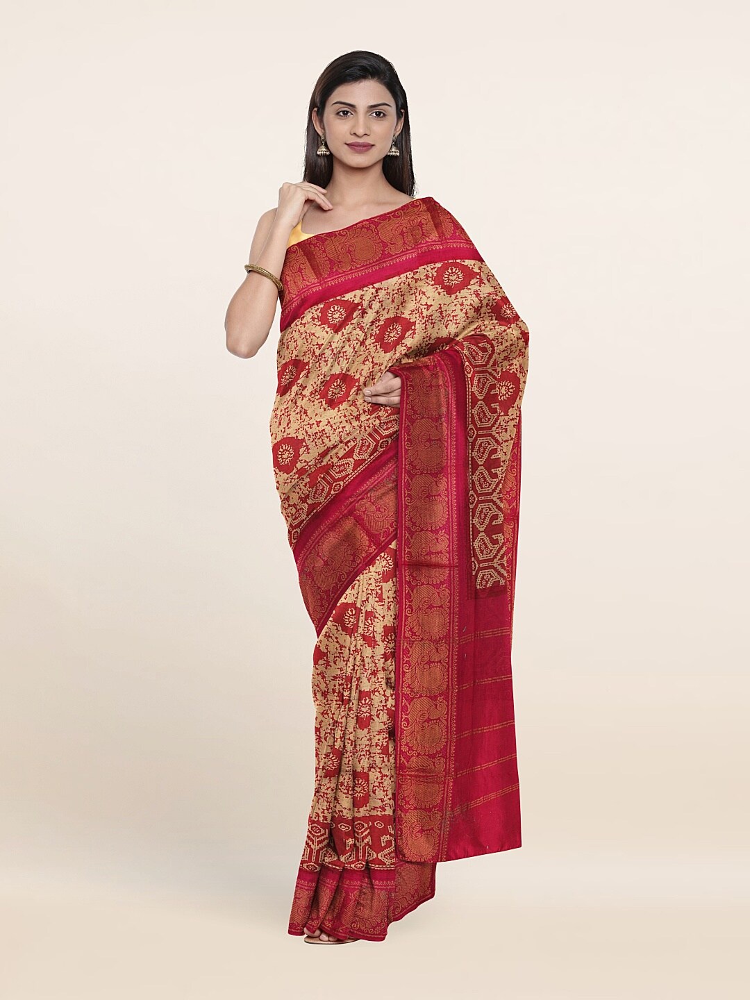 

Pothys Cream-Coloured & Pink Ethnic Motifs Pure Cotton Saree