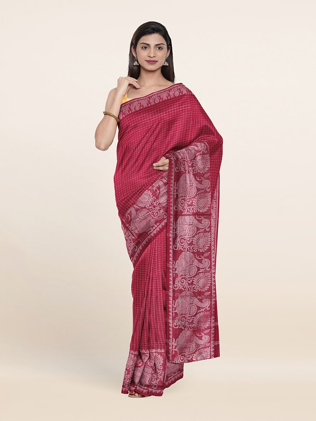 

Pothys Pink & Silver-Toned Checked Zari Pure Cotton Saree