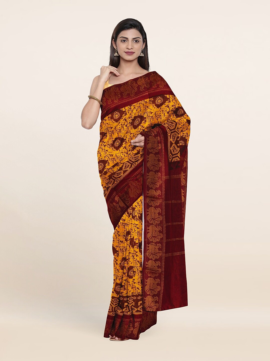 

Pothys Yellow & Maroon Ethnic Motifs Zari Pure Cotton Saree