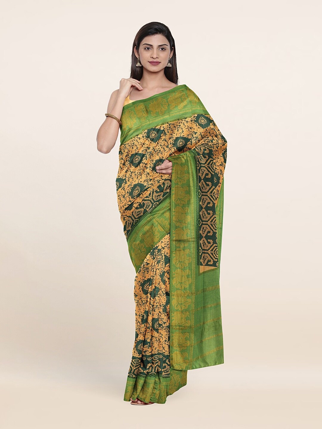 

Pothys Tan & Green Floral Zari Pure Cotton Saree