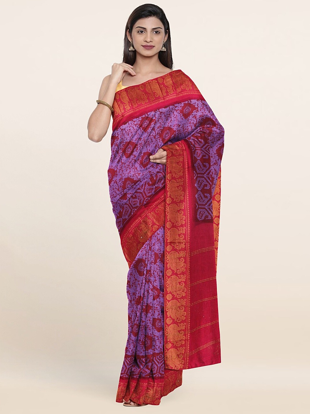 

Pothys Violet & Red Floral Zari Pure Cotton Saree