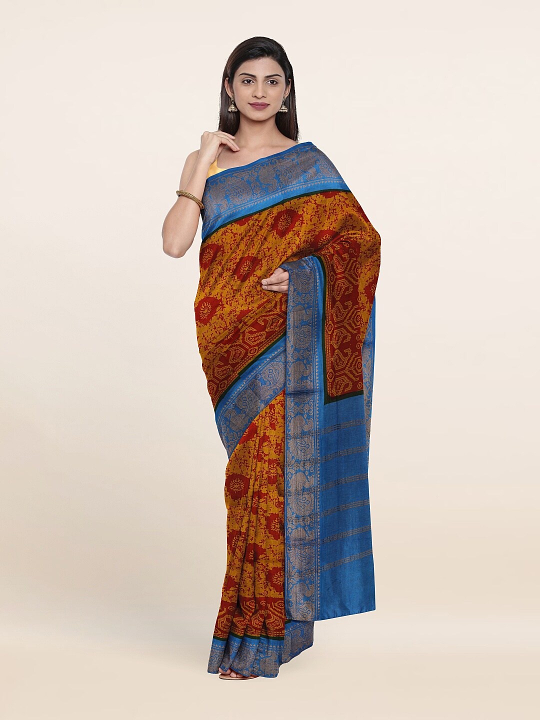 

Pothys Mustard Yellow & Blue Ethnic Motifs Pure Cotton Saree