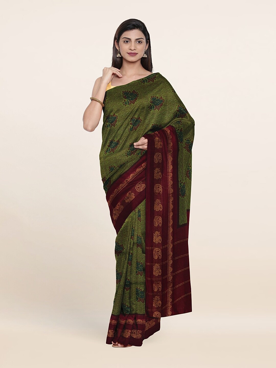 

Pothys Green & Purple Floral Pure Cotton Saree