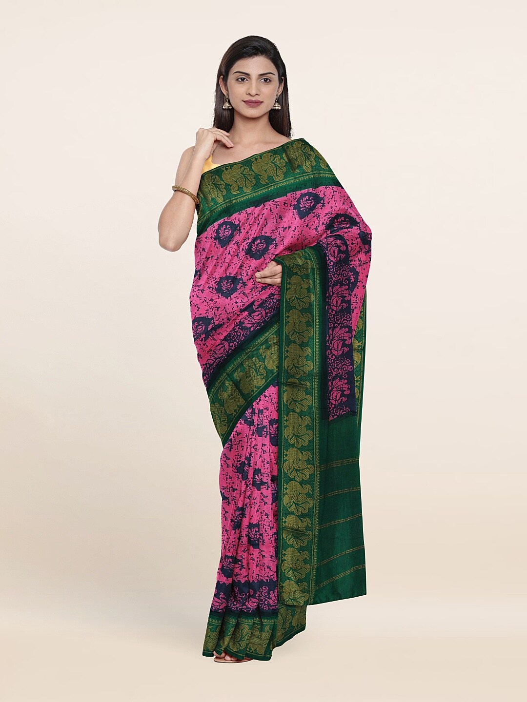 

Pothys Pink & Green Ethnic Motifs Printed Zari Pure Cotton Saree