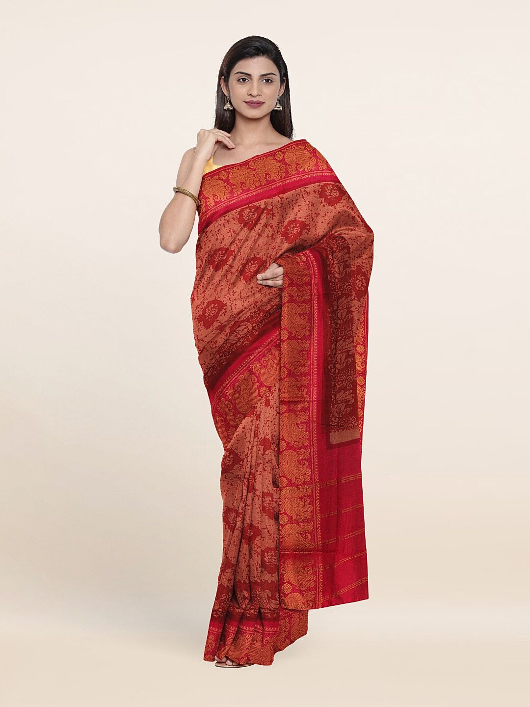 

Pothys Red & Gold-Toned Batik Pure Cotton Saree