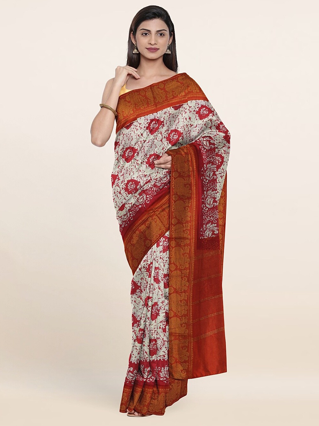 

Pothys Cream-Coloured & Red Ethnic Motifs Pure Cotton Saree