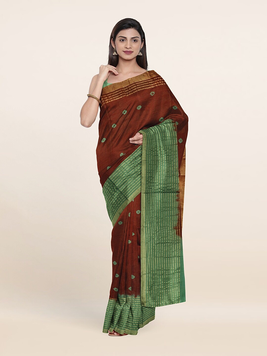 

Pothys Brown & Green Bandhani Zari Pure Cotton Saree