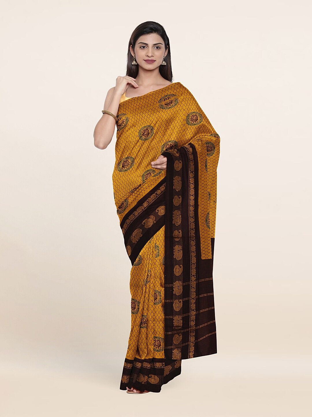 

Pothys Mustard & Brown Ethnic Motifs Zari Pure Cotton Saree