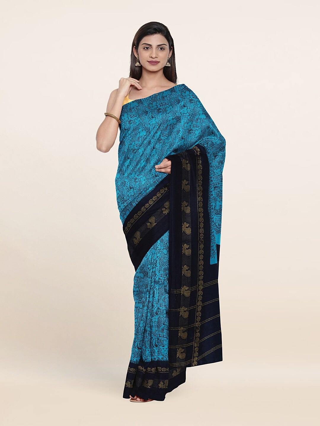 

Pothys Blue & Navy Blue Floral Pure Cotton Saree