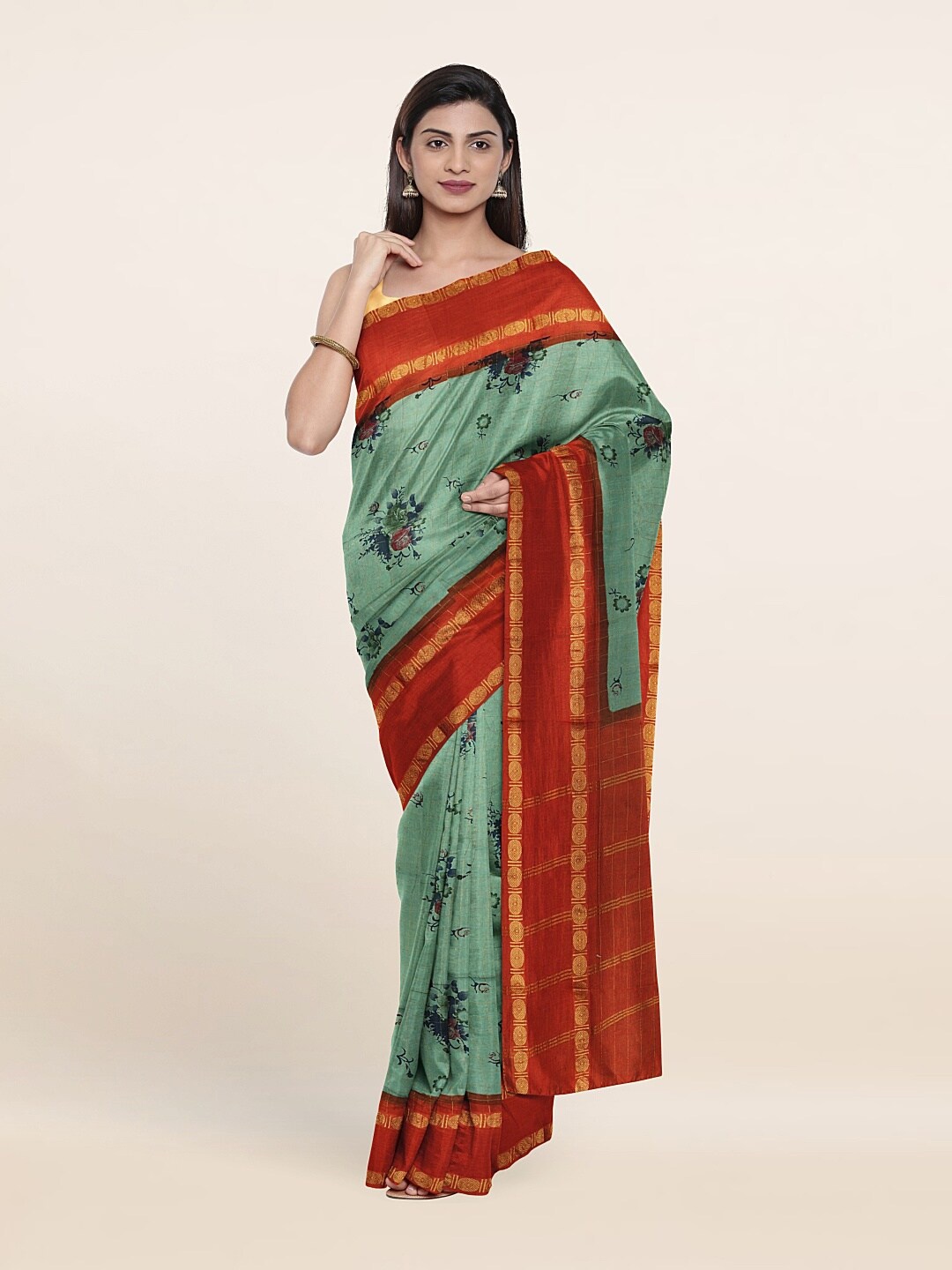 

Pothys Green & Red Ethnic Motifs Zari Pure Cotton Saree