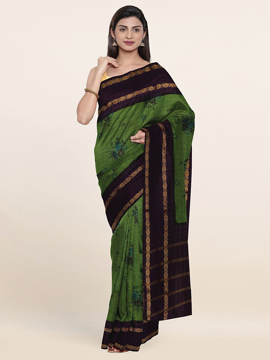 

Pothys Green & Purple Floral Zari Pure Cotton Saree