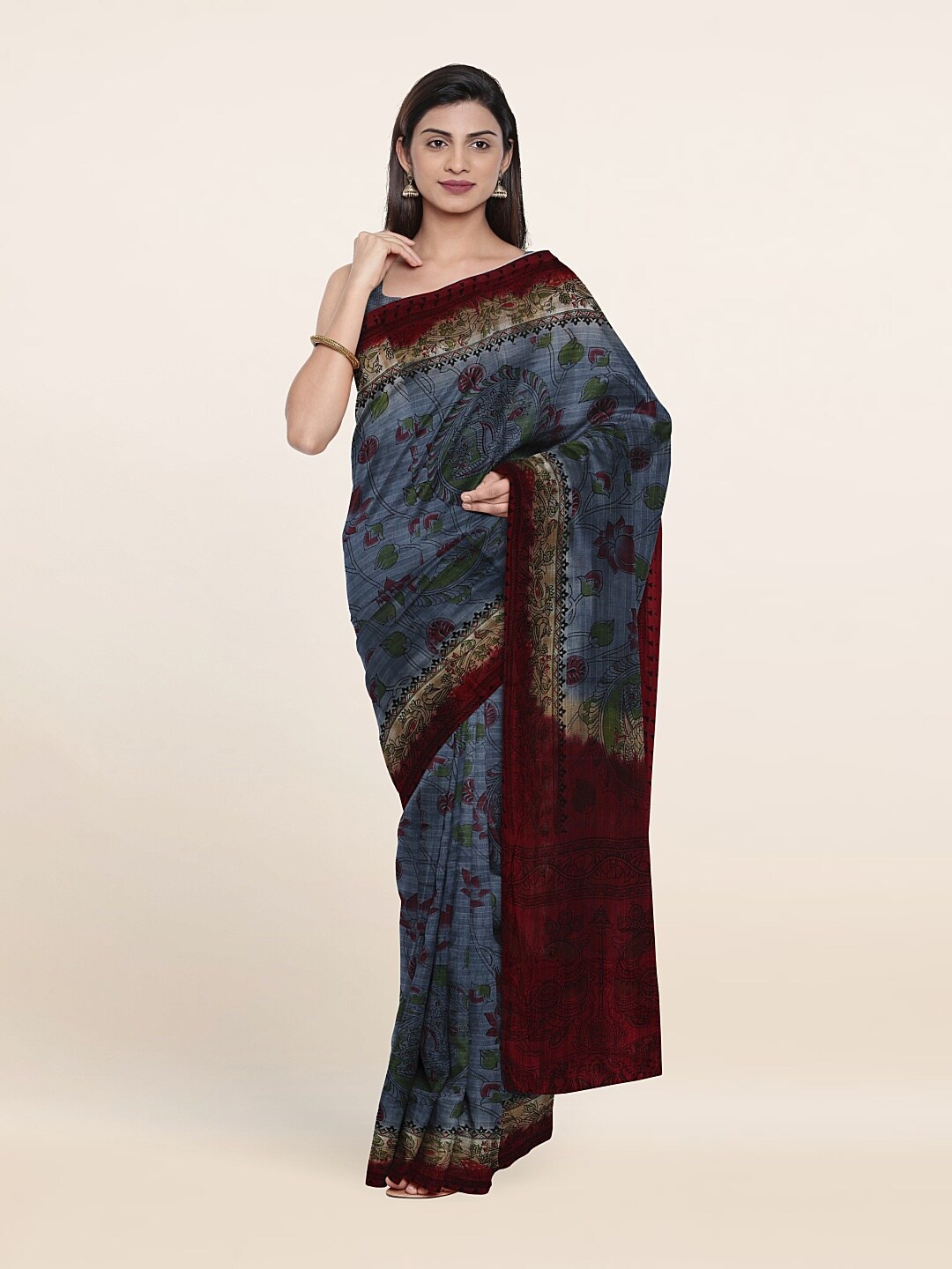 

Pothys Grey & Green Floral Pure Cotton Saree