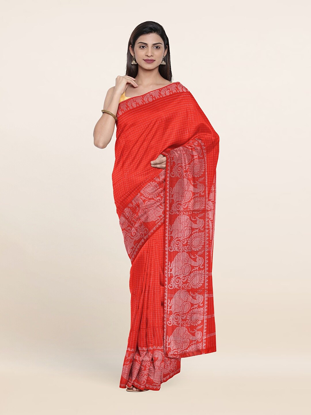 

Pothys Orange & Silver-Toned Checked Pure Cotton Saree